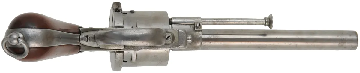 1858 System LeFauchuex Pin Fire Revolver,
caliber 11mm pin fire, 6" barrel,
walnut broom handle, Belgian proof marks, 50 cases