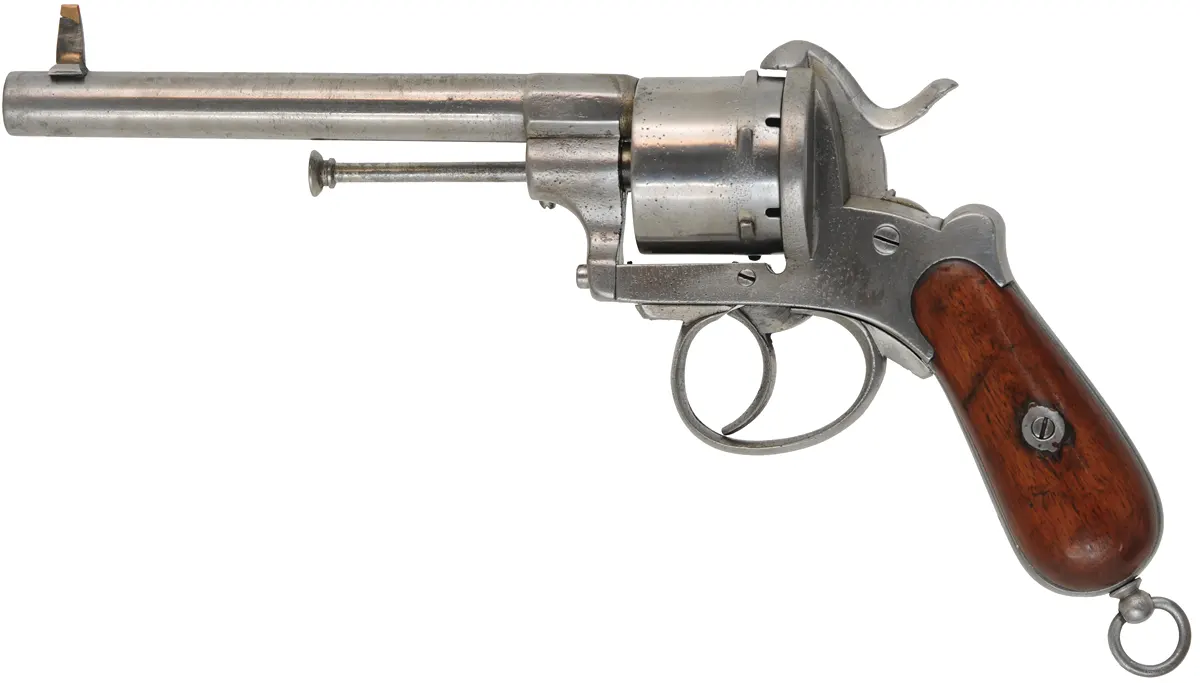 1858 System LeFauchuex Pin Fire Revolver,
caliber 11mm pin fire, 6" barrel,
walnut broom handle, Belgian proof marks, 50 cases