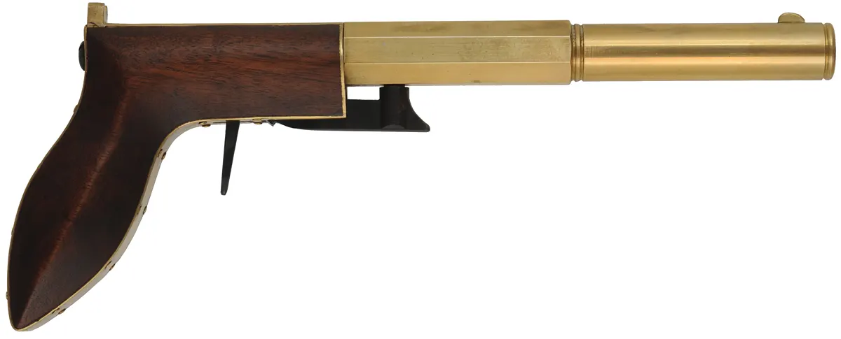 Ruggle Pistol, 
.38 caliber, 6" octagon-to-round brass barrel,
percussion underhammer, walnut, 
new, unfired, by Rod Olsen