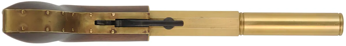 Ruggle Pistol, 
.38 caliber, 6" octagon-to-round brass barrel,
percussion underhammer, walnut, 
new, unfired, by Rod Olsen