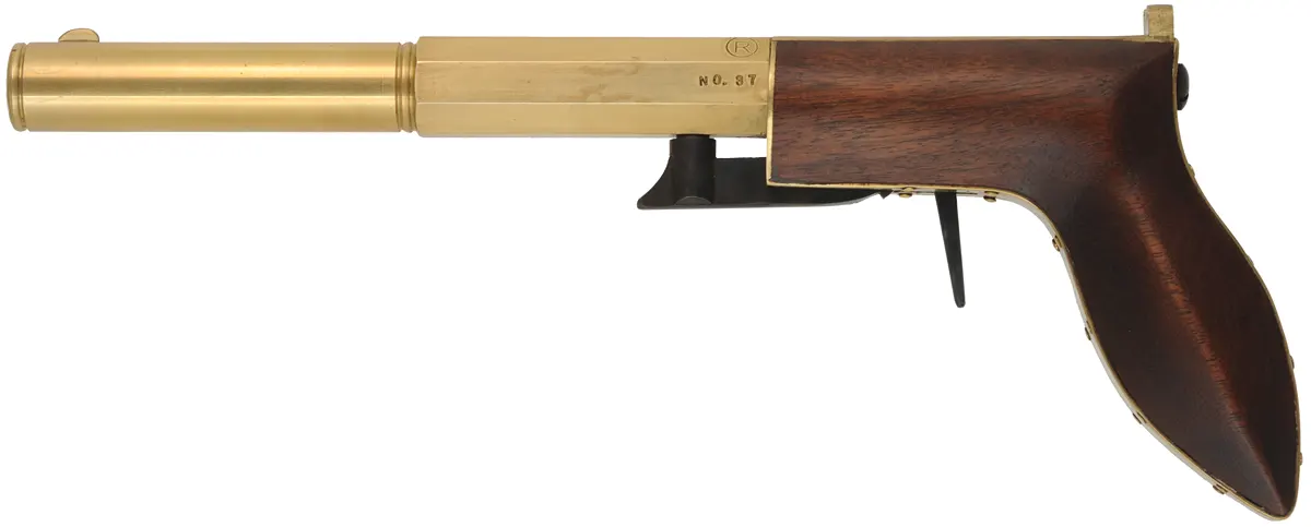 Ruggle Pistol, 
.38 caliber, 6" octagon-to-round brass barrel,
percussion underhammer, walnut, 
new, unfired, by Rod Olsen
