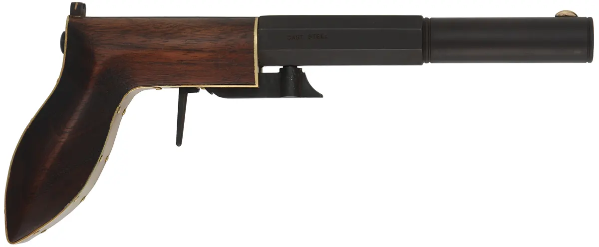 Ruggle Pistol, 
.45 caliber, 5-3/8" octagon-to-round barrel,
percussion underhammer, walnut, 
new, unfired, by Rod Olsen