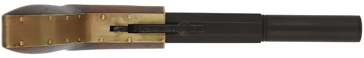 Ruggle Pistol, 
.45 caliber, 5-3/8" octagon-to-round barrel,
percussion underhammer, walnut, 
new, unfired, by Rod Olsen