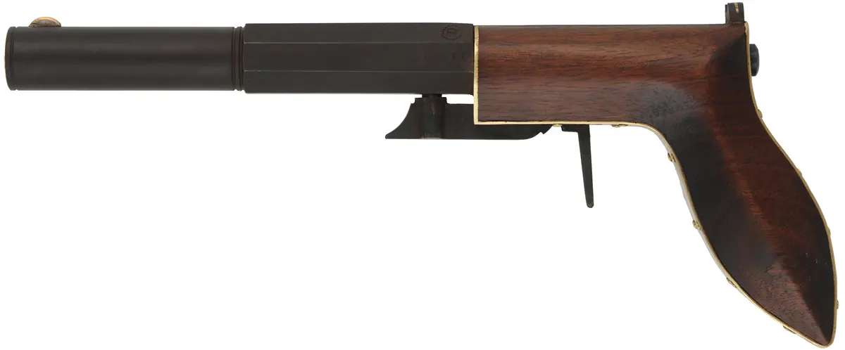 Ruggle Pistol, 
.45 caliber, 5-3/8" octagon-to-round barrel,
percussion underhammer, walnut, 
new, unfired, by Rod Olsen