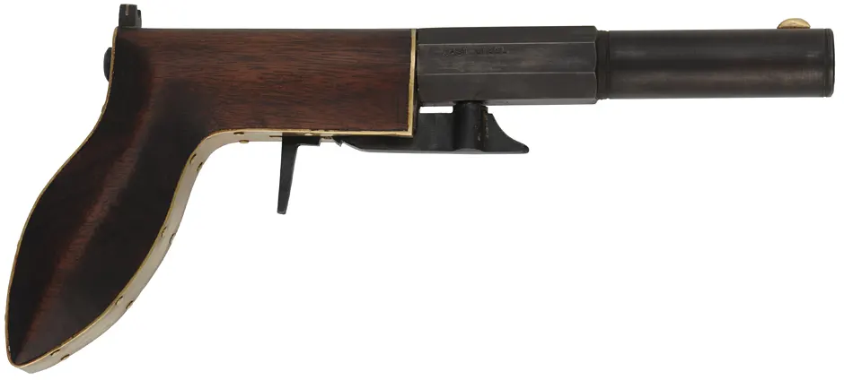 Ruggle Pistol, 
.45 caliber, 4-3/8" octagon-to-round barrel,
percussion underhammer, walnut, 
new, unfired, by Rod Olsen
