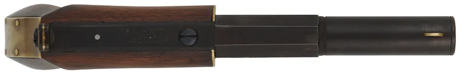 Ruggle Pistol, 
.45 caliber, 4-3/8" octagon-to-round barrel,
percussion underhammer, walnut, 
new, unfired, by Rod Olsen