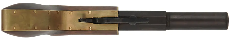 Ruggle Pistol, 
.45 caliber, 4-3/8" octagon-to-round barrel,
percussion underhammer, walnut, 
new, unfired, by Rod Olsen