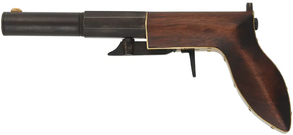 Ruggle Pistol, 
.45 caliber, 4-3/8" octagon-to-round barrel,
percussion underhammer, walnut, 
new, unfired, by Rod Olsen