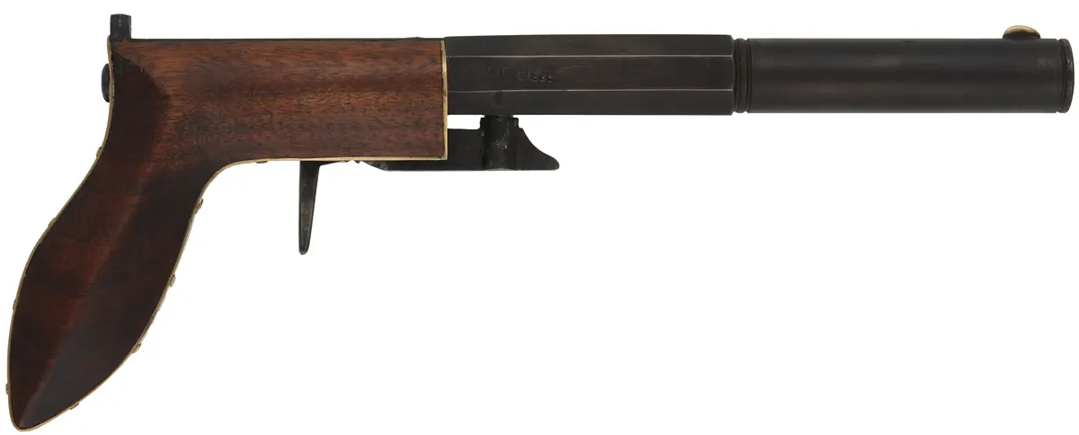 Ruggle Pistol, 
.38 caliber, 6" octagon-to-round barrel,
percussion underhammer, walnut, 
new, unfired, by Rod Olsen