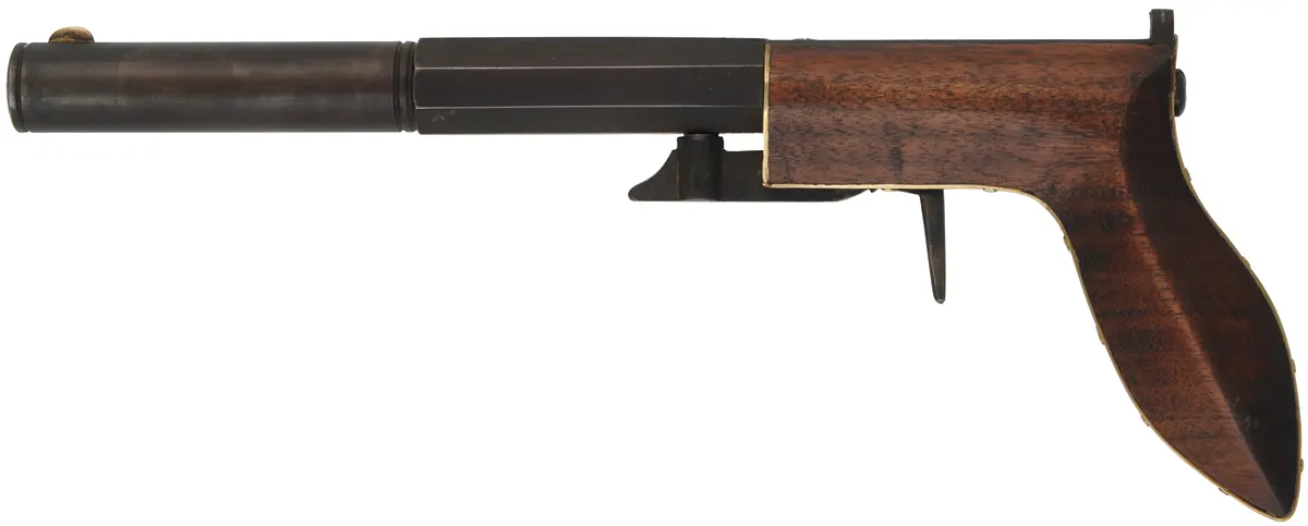 Ruggle Pistol, 
.38 caliber, 6" octagon-to-round barrel,
percussion underhammer, walnut, 
new, unfired, by Rod Olsen