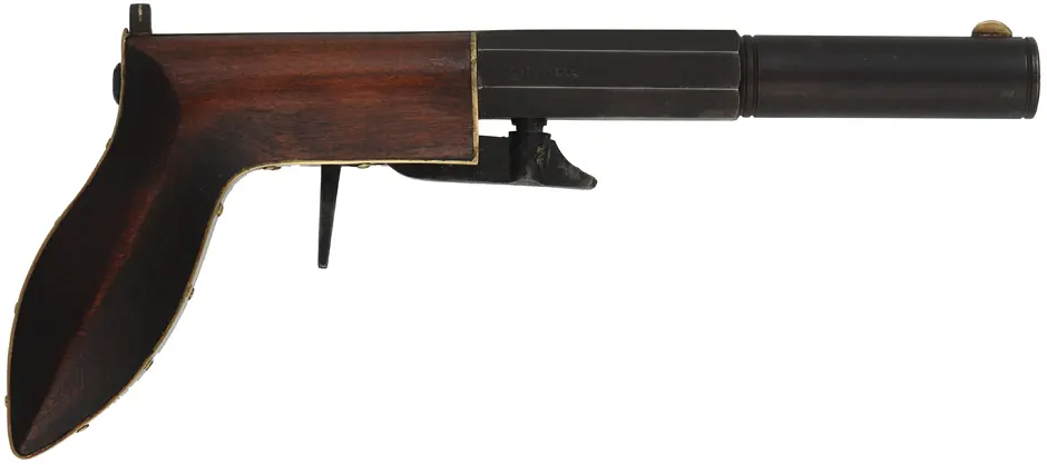 Ruggle Pistol, 
.38 caliber 5" octagon-to-round barrel,
percussion underhammer, walnut, 
new, unfired, by Rod Olsen