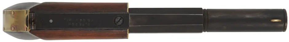 Ruggle Pistol, 
.38 caliber 5" octagon-to-round barrel,
percussion underhammer, walnut, 
new, unfired, by Rod Olsen