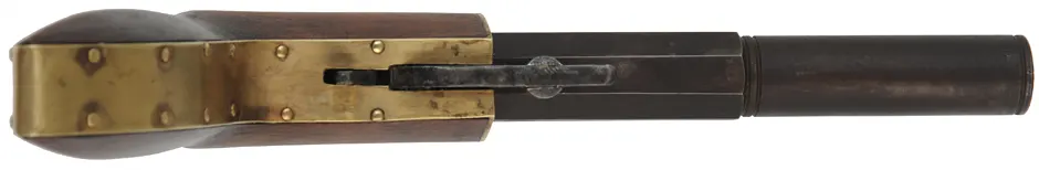 Ruggle Pistol, 
.38 caliber 5" octagon-to-round barrel,
percussion underhammer, walnut, 
new, unfired, by Rod Olsen