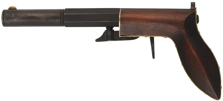 Ruggle Pistol, 
.38 caliber 5" octagon-to-round barrel,
percussion underhammer, walnut, 
new, unfired, by Rod Olsen