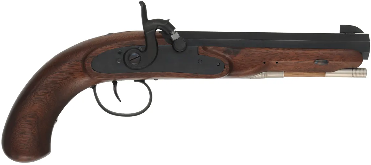 Percussion Pistol,
.54 caliber, 7-1/2" barrel,
Siler lock, walnut, iron, nickel silver accents, new, unfired