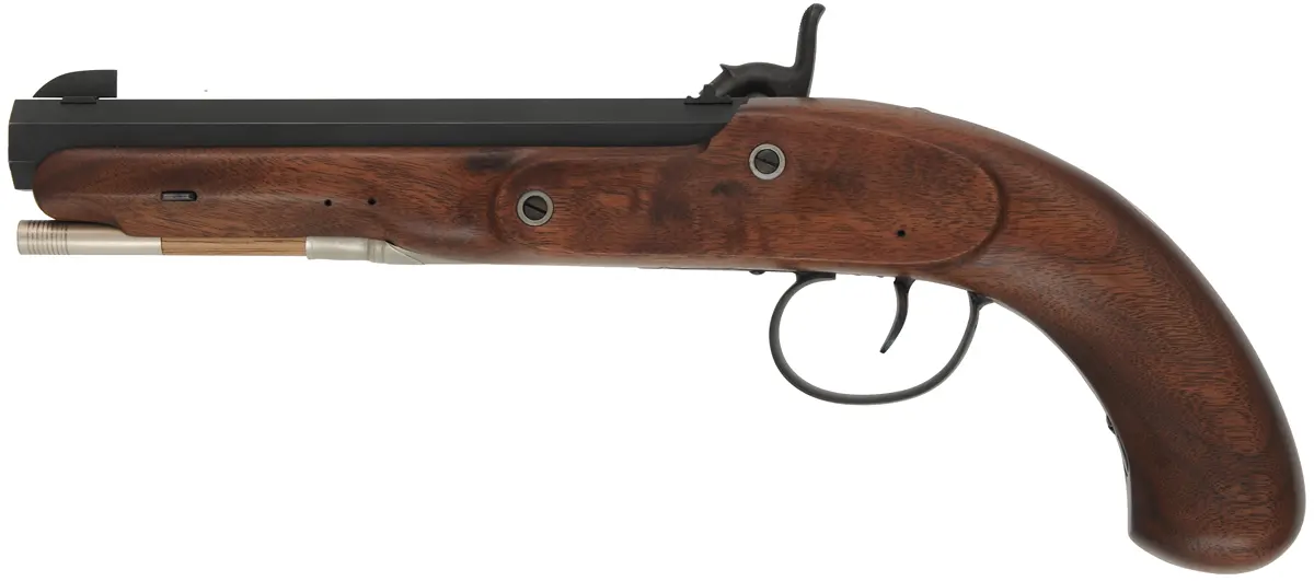 Percussion Pistol,
.54 caliber, 7-1/2" barrel,
Siler lock, walnut, iron, nickel silver accents, new, unfired
