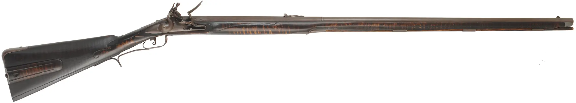 Southern Smooth Rifle,
.54 caliber smoothbore, 44" octagon-to-round barrel,
Chambers' flint lock, maple, forged iron,
used, by J. Eitnier