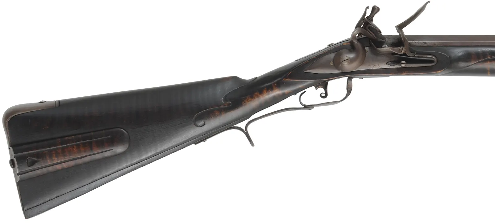 Southern Smooth Rifle,
.54 caliber smoothbore, 44" octagon-to-round barrel,
Chambers' flint lock, maple, forged iron,
used, by J. Eitnier
