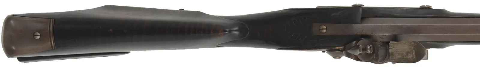 Southern Smooth Rifle,
.54 caliber smoothbore, 44" octagon-to-round barrel,
Chambers' flint lock, maple, forged iron,
used, by J. Eitnier