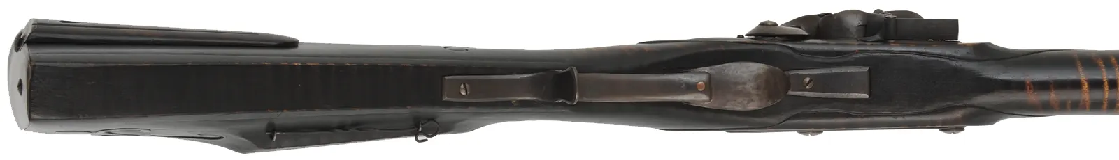 Southern Smooth Rifle,
.54 caliber smoothbore, 44" octagon-to-round barrel,
Chambers' flint lock, maple, forged iron,
used, by J. Eitnier