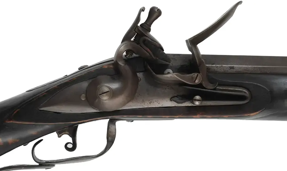 Southern Smooth Rifle,
.54 caliber smoothbore, 44" octagon-to-round barrel,
Chambers' flint lock, maple, forged iron,
used, by J. Eitnier