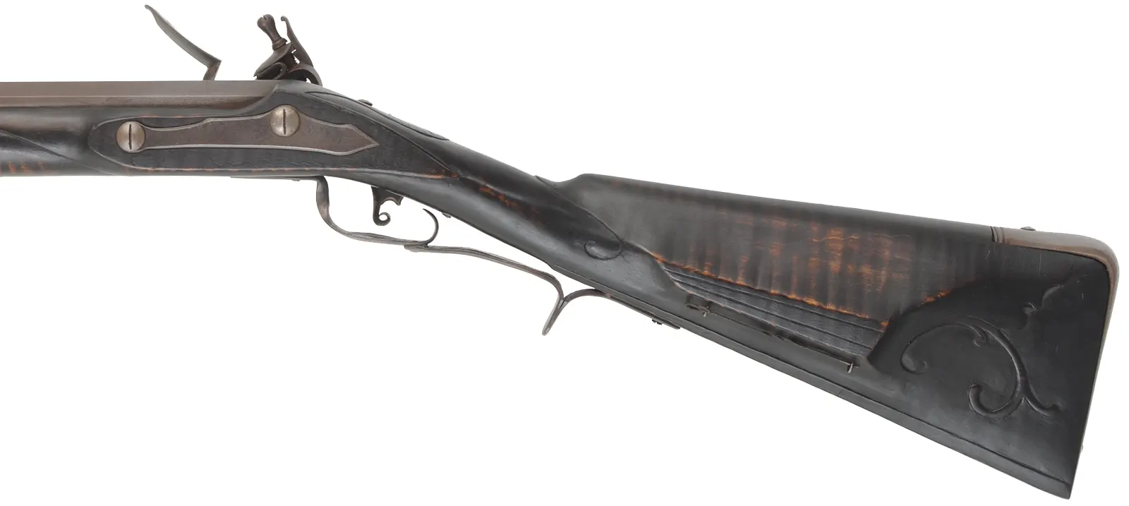 Southern Smooth Rifle,
.54 caliber smoothbore, 44" octagon-to-round barrel,
Chambers' flint lock, maple, forged iron,
used, by J. Eitnier