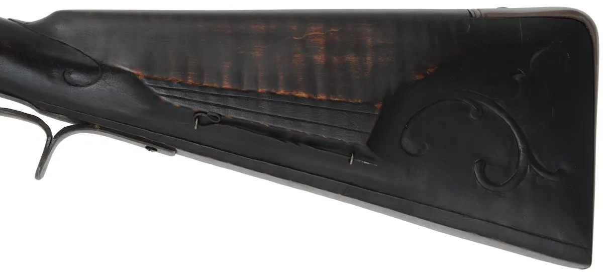 Southern Smooth Rifle,
.54 caliber smoothbore, 44" octagon-to-round barrel,
Chambers' flint lock, maple, forged iron,
used, by J. Eitnier