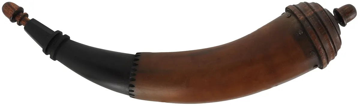 Powder Horn,
12-1/2", turned walnut base,
engrailed, paneled neck