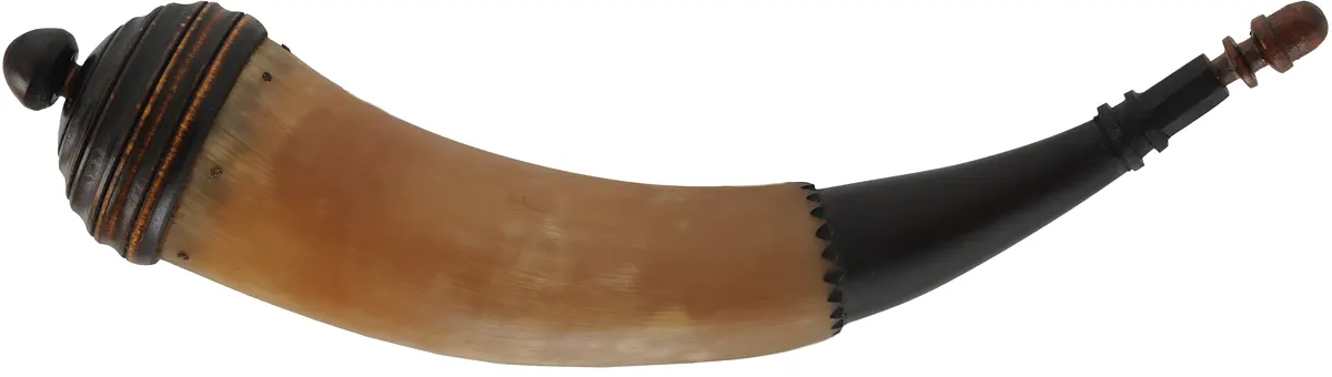 Powder Horn,
12-1/2", turned maple base,
engrailed, paneled neck