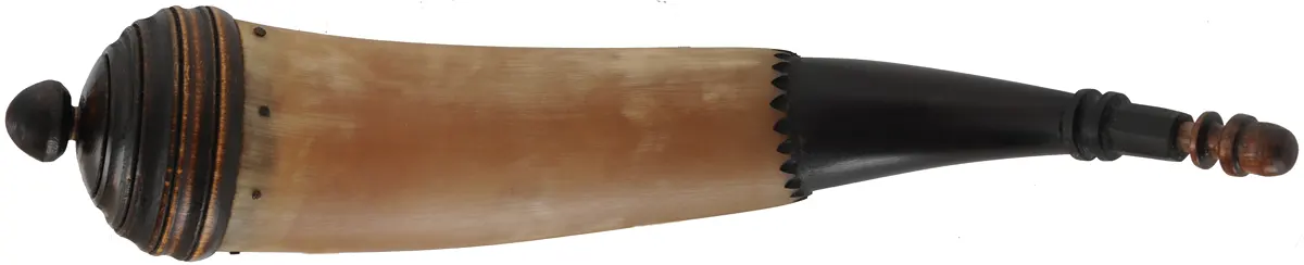 Powder Horn,
12-1/2", turned maple base,
engrailed, paneled neck
