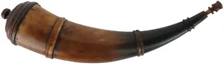 Powder Horn,
13-1/2", turned base,
paneled neck, two bands