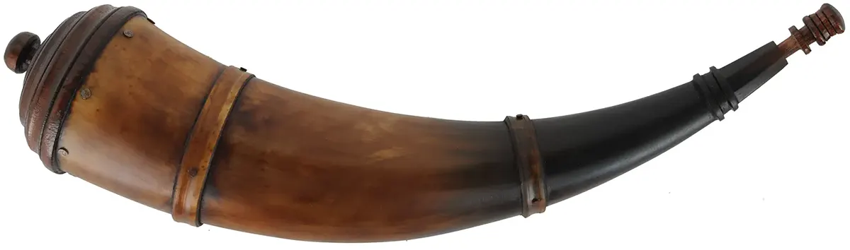 Powder Horn,
13-1/2", turned base,
paneled neck, two bands