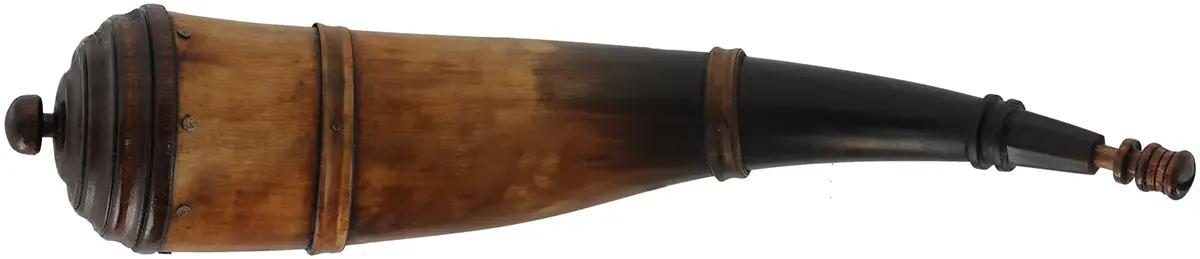 Powder Horn,
13-1/2", turned base,
paneled neck, two bands