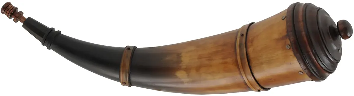 Powder Horn,
13-1/2", turned base,
paneled neck, two bands