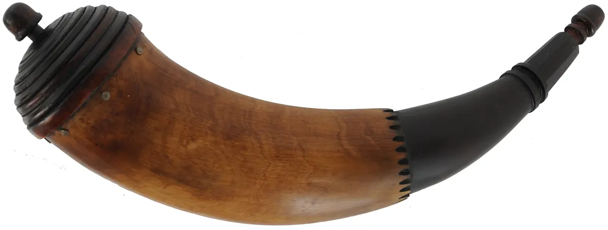 Powder Horn,
12", turned beehive base,
engrailed, paneled neck
