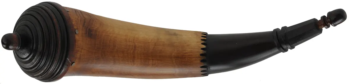 Powder Horn,
12", turned beehive base,
engrailed, paneled neck
