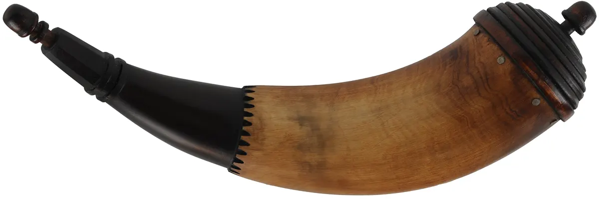 Powder Horn,
12", turned beehive base,
engrailed, paneled neck
