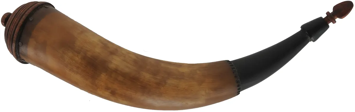 Powder Horn,
15-1/2", turned walnut base,
double curve, engrailed
