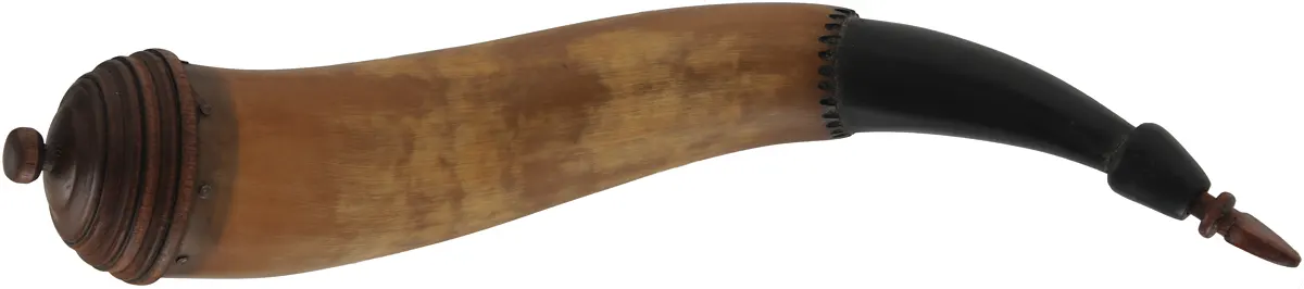 Powder Horn,
15-1/2", turned walnut base,
double curve, engrailed

