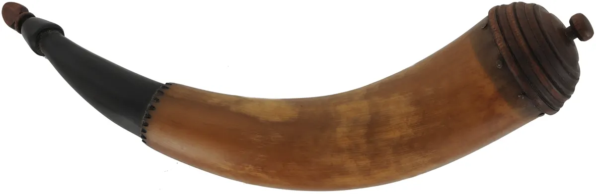 Powder Horn,
15-1/2", turned walnut base,
double curve, engrailed
