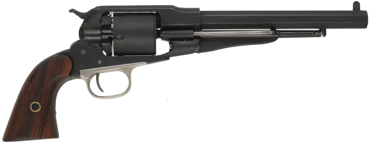 1858 Remington Conversion Revolver,
caliber .45 Colt, 8" barrel,
custom walnut grips, Kirst five shot cylinder,
used, by Aldo Uberti


