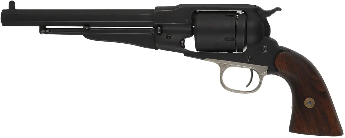 1858 Remington Conversion Revolver,
caliber .45 Colt, 8" barrel,
custom walnut grips, Kirst five shot cylinder,
used, by Aldo Uberti


