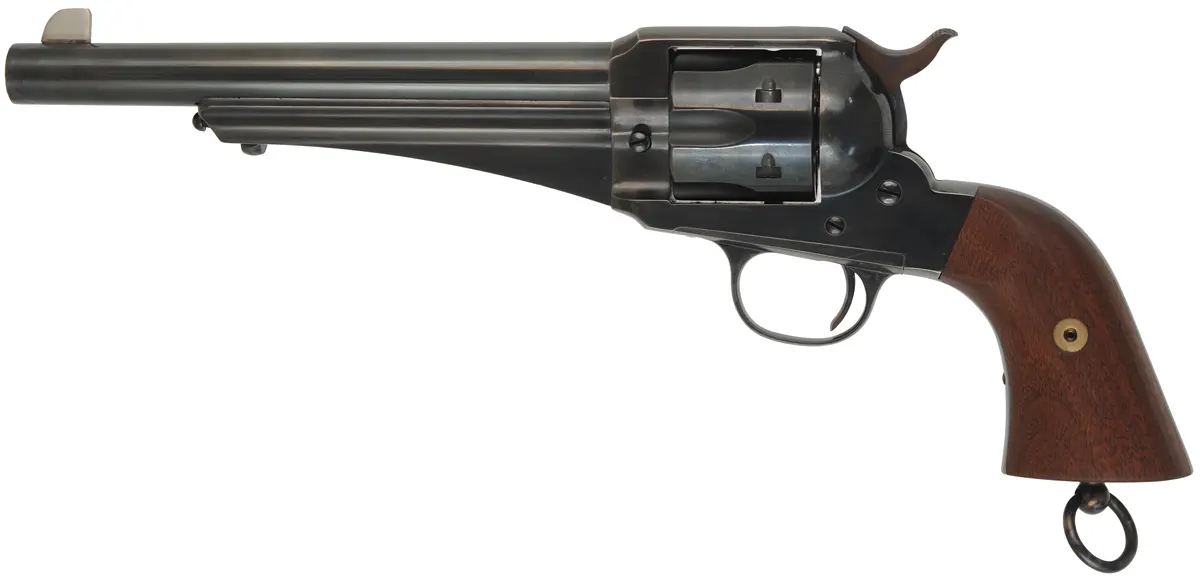 Model 1875 Remington Revolver,
caliber .45 Long Colt, 7-1/2" barrel,
re-blued, walnut grips, lanyard ring,
used, by Aldo Uberti