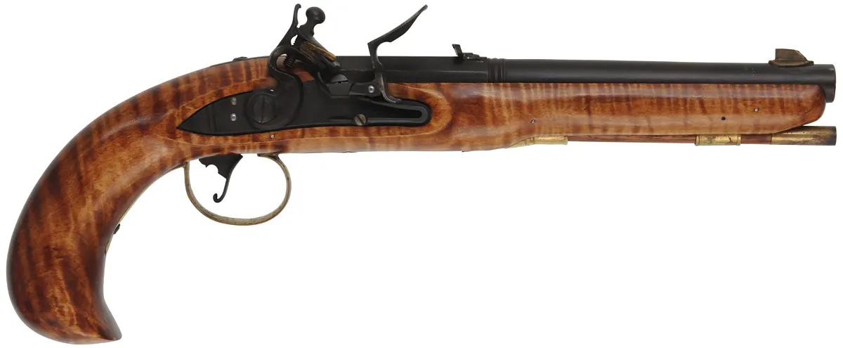 Kentucky Pistol,
.50 caliber, 10" octagon-to-round barrel,
small Siler flintlock, maple stock, brass trim, 
used, by Matt Avance