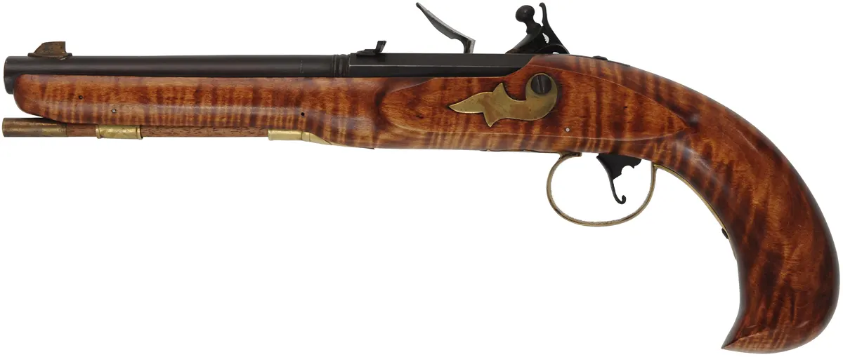 Kentucky Pistol,
.50 caliber, 10" octagon-to-round barrel,
small Siler flintlock, maple stock, brass trim, 
used, by Matt Avance