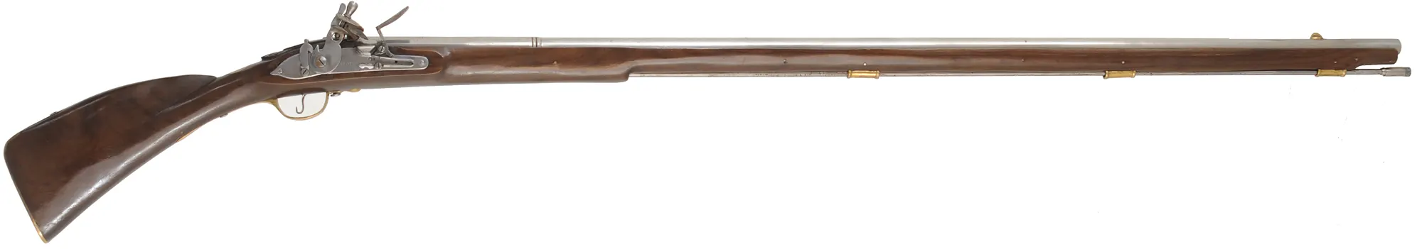 Doglock Trade Musket,
.69 caliber smoothbore, 51-1/2" octagon-to-round barrel,
teak stained as walnut, brass trim, lock marked I. Cookson,
used, made in India
