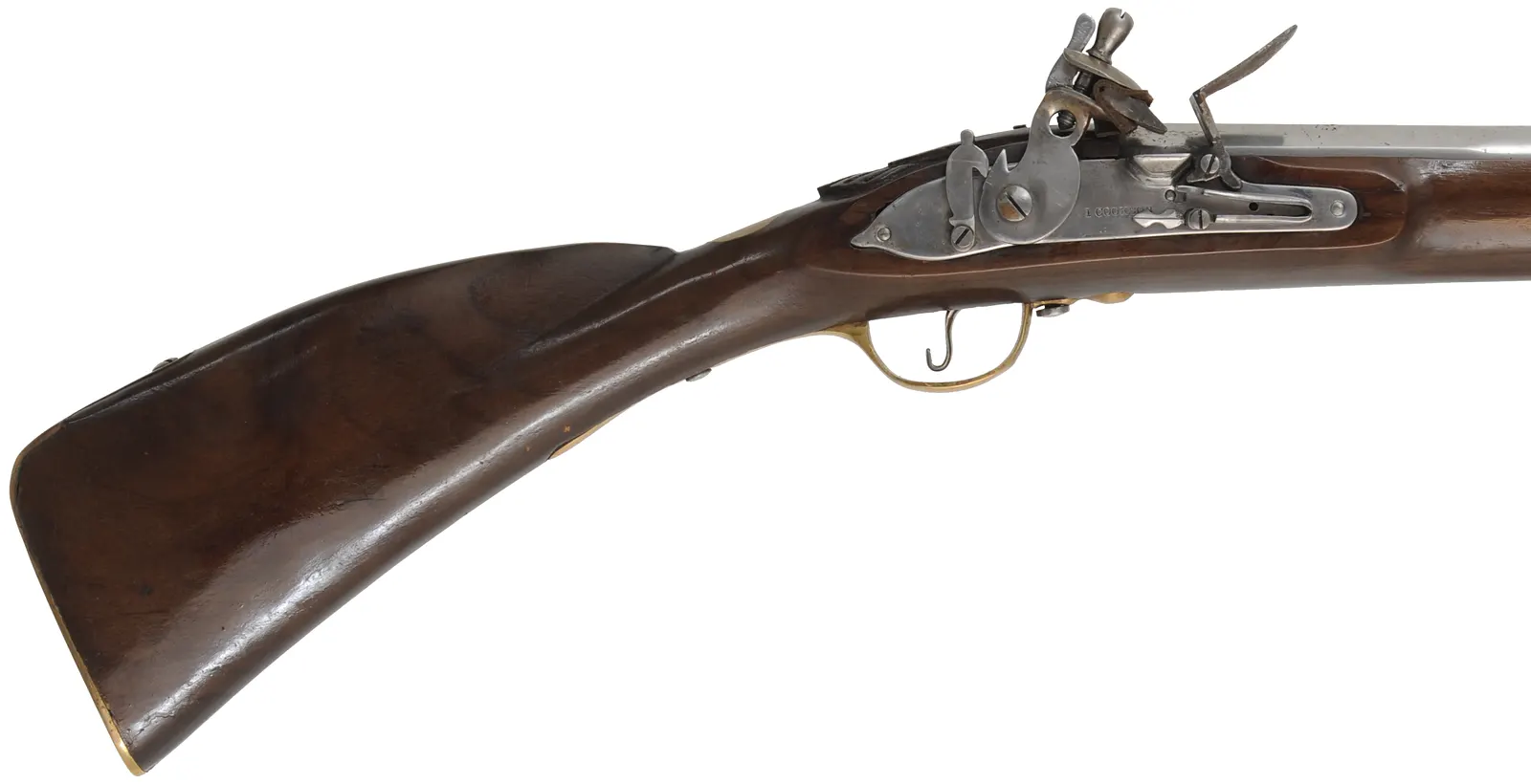 Doglock Trade Musket,
.69 caliber smoothbore, 51-1/2" octagon-to-round barrel,
teak stained as walnut, brass trim, lock marked I. Cookson,
used, made in India
