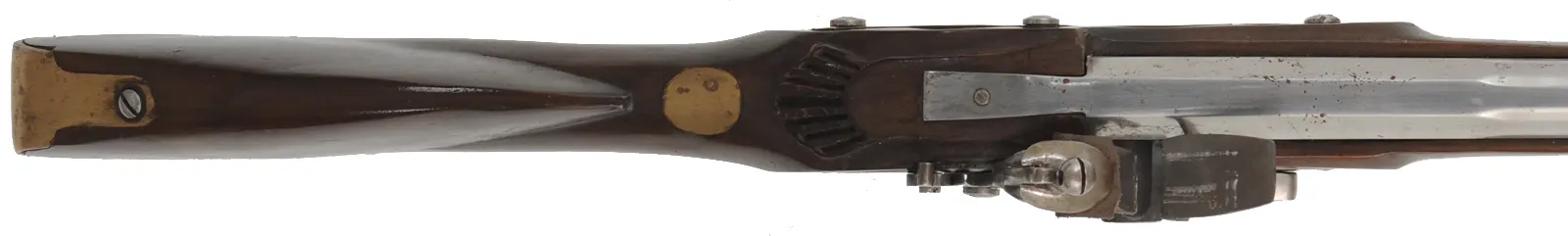 Doglock Trade Musket,
.69 caliber smoothbore, 51-1/2" octagon-to-round barrel,
teak stained as walnut, brass trim, lock marked I. Cookson,
used, made in India