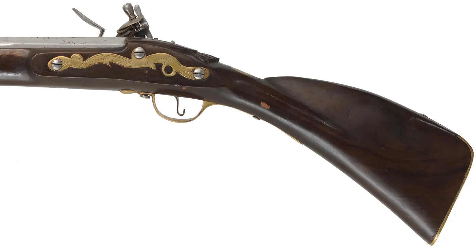 Doglock Trade Musket,
.69 caliber smoothbore, 51-1/2" octagon-to-round barrel,
teak stained as walnut, brass trim, lock marked I. Cookson,
used, made in India