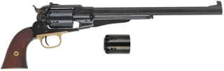 1858 Remington Bison Revolver,
.44 caliber, 12" barrel,
percussion, blued steel frame, 
target sights, extra cylinder, used, by Pietta.